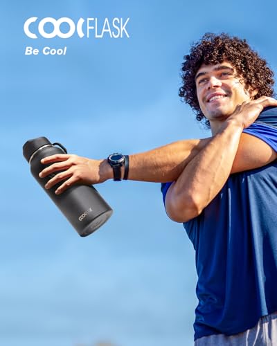 Coolflask 32 oz Water Bottle Insulated with Straw & 3 Leakproof Lids | Water Flask Stainless Steel Triple-Wall Vacuum,Cold 48+h, Dishwasher Safe,Wide Mouth,BPA-Free,Carrier Bag,for Gym,Hiking - color: Magic Black, size: 32 Ounces