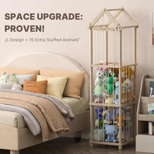 Stuffed Animal Storage Zoo, 65" Extra Large Wooden Plush Toy Organizer, Solid Pine Toy Holder with 3D Sign & Sturdy Base, Vertical Corner Stuffed Animal Cage for Nursery Playroom - size: XLL