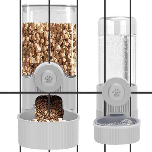 Yummy Sam Hanging Cage Automatic Small Pet Food Bowl Water Bottle Dispenser, Detachable Auto Gravity 1.2L Self-Feeding Feeder and 0.52L Waterer Set Kennel Feeding Station for Puppy Cats Rabbit(Grey) - color: Grey