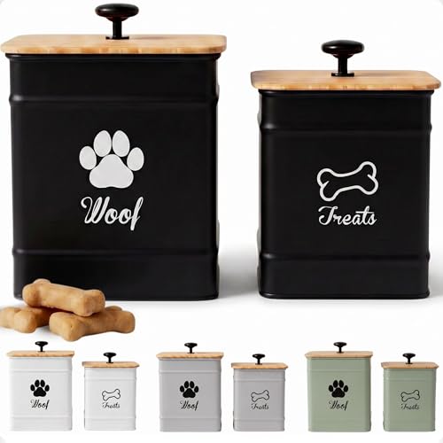 Dog Treat Container Airtight Set of 2 - 8x6 & 7x5 inch Iron Dog Treat Jars for Kitchen Counter with Airtight Bamboo Lids - 20 Cup Capacity Pet Treat Container Set - Doggie Cookie Jar - Treats Canister | Fits All Popular Treats, Up to 20 Cups Combined Capa