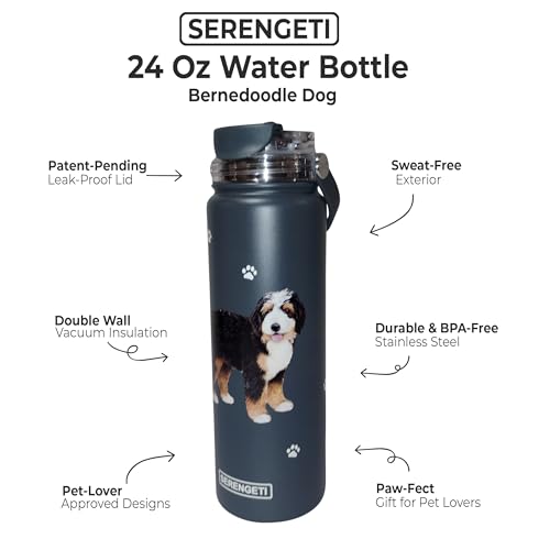 E&S Pets SERENGETI 24 Oz Water Bottle Stainless Steel with Spill Proof Lid - Double walled Vacuum Insulated water flask - Realistic 3D Print of your favorite dog (Bernedoodle) - color: Bernedoodle