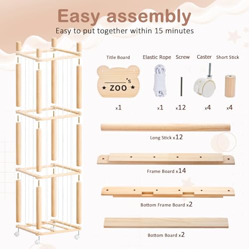 Stuffed Animal Storage, Stuffed Animals Organizer Holder Zoo, 53.54" Large Wooden Plushies Storage with Wheels, Stuffed Animal Cage for Playrooms, Bedrooms, Living Room