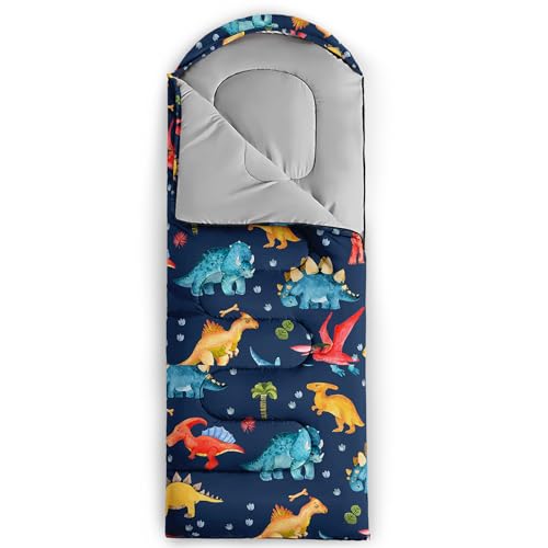 QOOMO Camping Sleeping Bags,3 Season Warm & Cool Weather,Lightweight,Waterproof Sleeping Bags for Adults & Kids,Traveling,and Outdoors,Camping Gear Equipment - color: navy blue dinosaur