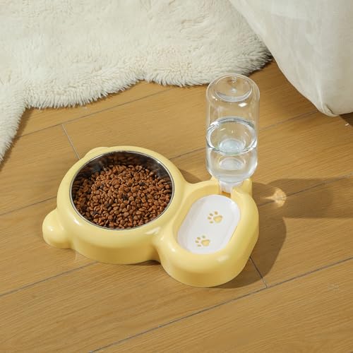 Dog Bowls, Cat Food and Water Bowl Set with Water Dispenser and Stainless Steel Bowl for Cats and Small Dogs - Yellow - color: Yellow