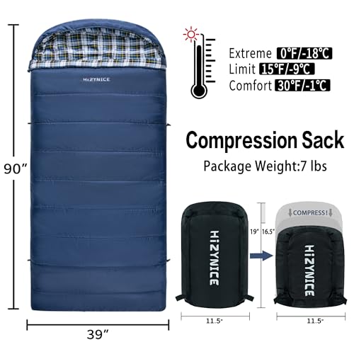 HiZYNICE Sleeping Bags for Adults XXL Cold Weather | 100% Cotton Flannel Winter Camping Large 90 x 39 in,Compression Sack Included - color: Blue, size: 0F Right Zip
