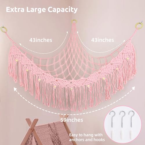 Large Stuffed Animal Hammock, Stuffed Animal Storage Toy Hammock Net for Stuffed Animals Corner, Plushie Net Hammock Toy Organizer for Boho Playroom Baby Nursery Decor - color: Pink