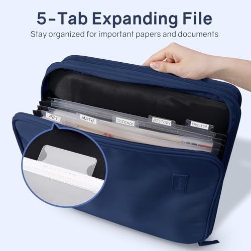 SUNEE Zippered Binder Bag with Handle, 2-Inch 3-Ring O-Ring, 500-Sheet Capacity, Includes Zip Pocket, 5-Tab Expanding File Folder, Multi-Pocket Organizer Binder for Middle School, Navy - color: Navy Blue