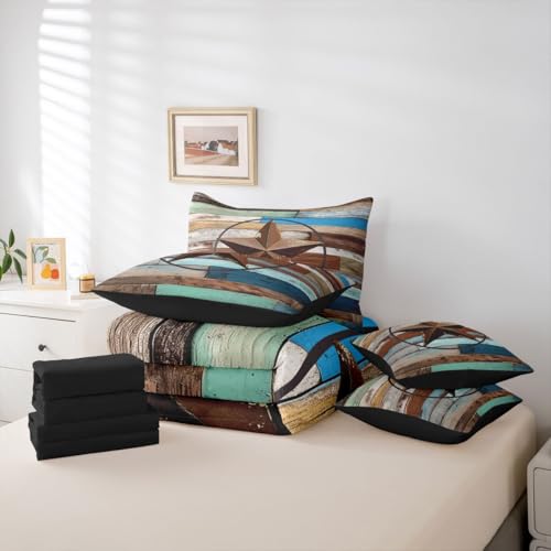 Erosebridal Texas Star 7 Piece Comforter Set Queen Bed in A Bag Retro Western Bedding Set for Kids Boys Girls Southwest Wooden Board Quilt Country Cabin Lodge Decor Sheet Set with Comforter - color: Brown Blue Green, size: Queen