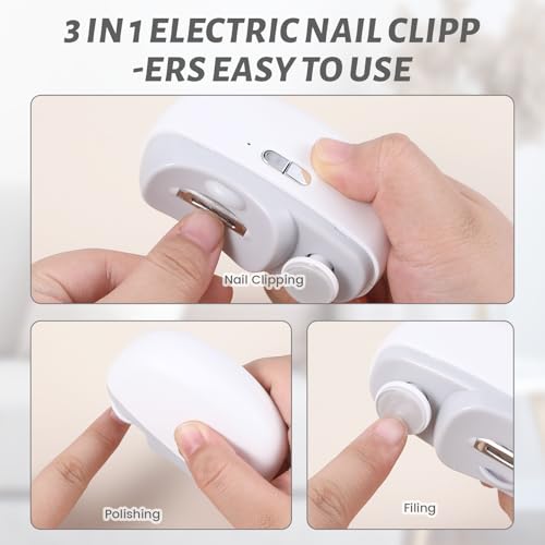 3 in 1 Electric Nail Clipper for Seniors, Baby Nail Trimmer Electric Automatic Trimmer, Safe Electric Toenail Clippers Nail File Tools for Adult, Manicure Kit Grinder with Polishing(White) - size: White