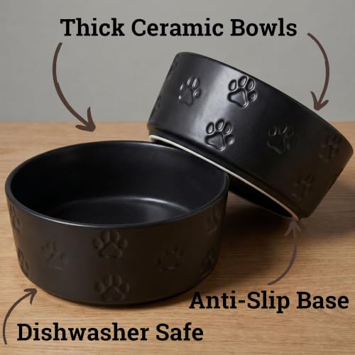 Ceramic Dog Bowl Set of 2 with Anti-Skid Base 7.5" W x 3" H, 6 Cup Capacity | Thick Ceramic, Dishwasher Safe, Anti-Skid Rubber Base, 6 Cups per Bowl, Ceramic Food & Water Bowls Set of 2 for Large Dogs - color: Black, size: Large