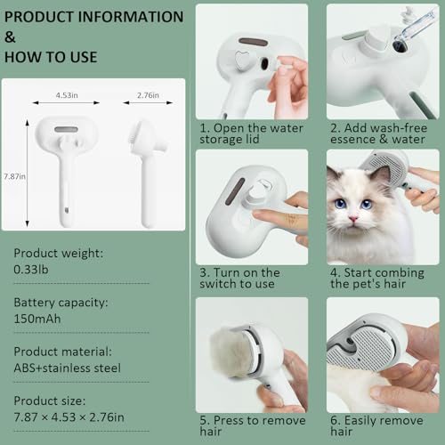 3 In 1 Self Cleaning Steamy Pet Brush, Cat & Dog Steam Brush Spray Hair Removal Comb - Anti-Static, Dog Grooming Tool with Steam & Self-Cleaning, Skin-Friendly Design + Bathing Solution