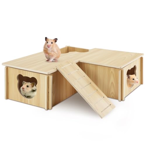 RETON Wooden Hamster House, Hamster Hideout Corner Hamster Accessories, Hamster Hides Platform with Stairs, Hamster Toys Cage Decor for Syrian Hamsters Dwarf Hamster Rat Gerbil