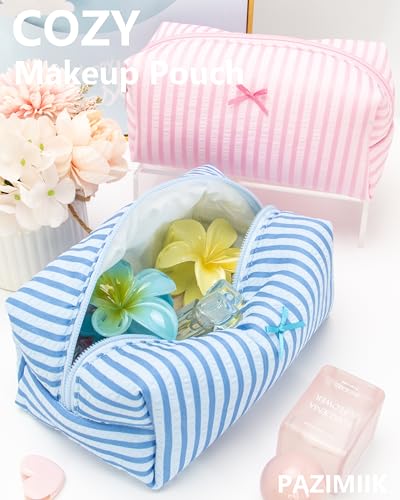 PAZIMIIK Cozy Makeup Bag for Women,Zipper Cosmetic Pouch,Stripe Lake Blue | Soft Cosmetic Organizer for Makeup,Skincare,Toiletries,Daily Beauty Essentials,Purse,On-the-Go,Bridesmaid Gifts - color: Stripe Lake Blue