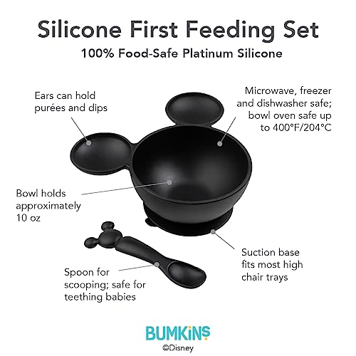 Bumkins Disney Mickey Mouse Bowl, Silicone First Feeding Set with Suction, Includes Spoon, Training Essentials for Baby-Led Weaning, Toddler Self-Feeding, Babies Eating at 4 Mos Up, Black - color: D3 Mickey Mouse-Blk, style: Disney