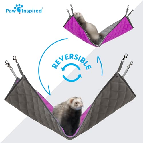 Paw Inspired Hanging Fleece Hammock for Small Animals, Gray/Pink | Hammock with Swivel Clips for Pet Cage for Ferrets, Rats, Chinchillas, Sugar Gliders, Hideout Toy for Guinea Pigs, Hamsters - color: Gray/Pink