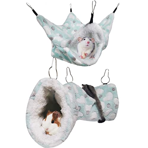 LEFTSTARER Guinea Pig Ferret Rat Hammock Toy Small Animal Cage Accessories Hideout Tunnel & Bunkbed Hammock for Rat Ferret Guinea Pig Hamster Sugar Glider Chinchilla (Hammock Set Heart-Green) - color: Hammock set Heart-Green