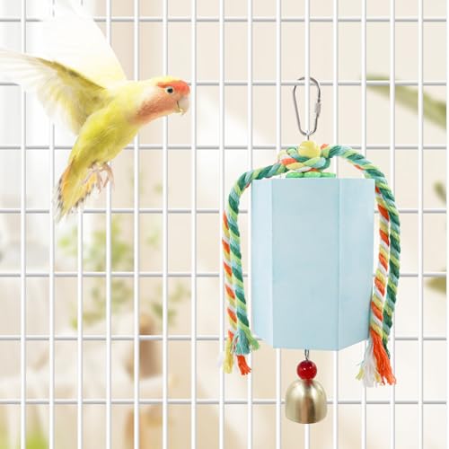 Bird Beak Grinding Stone, Parrot Chew Toys with Bells, Parakeet Toys, Cage Accessories for African Grey, Amazon Parrots, Budgies, Cockatiels, Lovebirds, Conures, Quakers, Small to Medium Birds - color: Blue