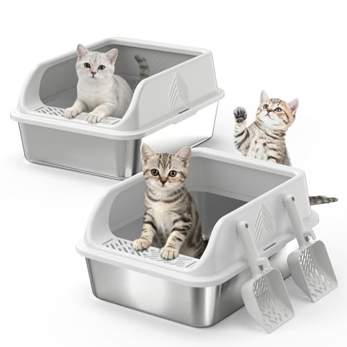 2 Pack Stainless Steel Litter Box with Lid, Kitten Metal Cat Litter Boxes High Sided Enclosed for Small Cat and Injured Cats Rabbit, Anti-Urine Leakage | Non-Stick Bottom & Includes Scoop - color: 2PACK-(Small)Silver Gray, size: Small