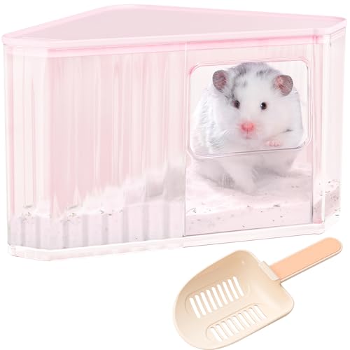 mini&moe Hamster Sand Bath Container - Small Animal Bathroom Shower Room Large Space Corner Digging Box with Cleaning Scoop Rat Dust Bath House for Guinea Pig, Hedgehog, Gerbil - color: Pink
