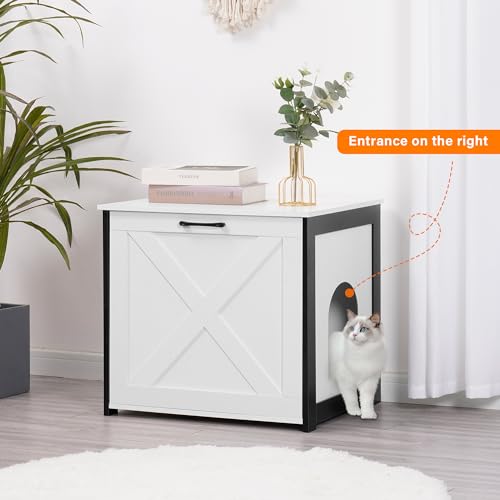 Dwanton Cat Litter Box Furniture Hidden, Cat Litter Box Enclosure, Reversible Entrance Can Be on Left or Right Side, Indoor Cabinet, Wooden Washroom, End Table, Nightstand, White, 23.6" L - color: White, size: 23.6 x 19.7 x 21.7 Inches
