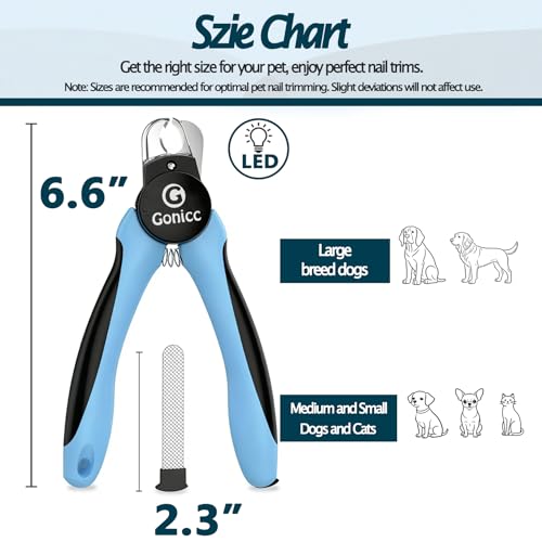 gonicc LED Pet Nail Clippers for Dogs & Cats | Light-Up Dog Nail Trimmer with Safety Lock & Built‑in File, Professional Stainless Steel Nail Clippers for Pets - size: LED Dogs & Cats Nail Clippers