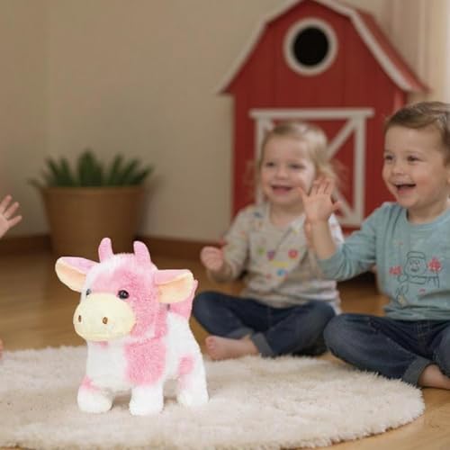 Easfan Walking Pink Cow Interactive Electronic Plush Toy for Girls 7" | Cow stuffed animal,hopping moving educational pet, with sounds & movements, Easter birthday holiday gift, for girls Toddlers - style: Pink_Cow