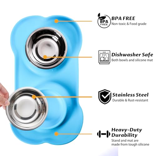 Hubulk Pet Dog Bowls 2 Stainless Steel Dog Bowl with No Spill Non-Skid Silicone Mat + Pet Food Scoop Water and Food Feeder Bowls for Feeding Small Medium Large Dogs Cats Puppies (Small, Turquoise) - color: Turquoise, size: Small