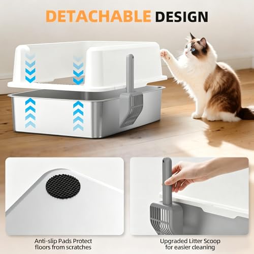 WoofiGo XXL Stainless Steel Cat Litter Box, High Sided Open Top Litter Pan | Anti-Urine Leakage Design, Spacious Interior for Big Cats, Non-Stick, Odor Resistant, Easy Clean, Scoop Included (White) - color: 24 - White (Pack of 1)