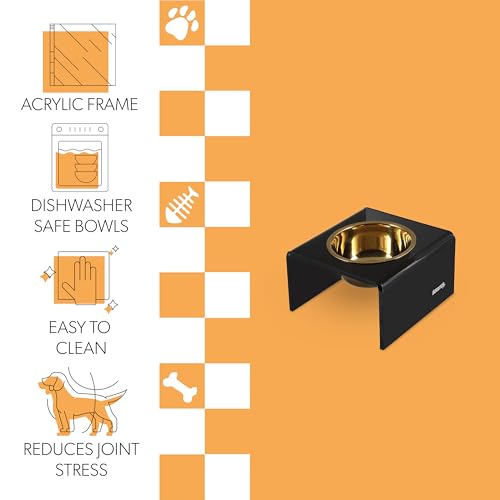 DBL2002B Keaton 5" Small/Medium Modern Acrylic Rectangular Elevated Pet Feeder with 20oz 1-Stainless Steel Bowl, Black/Gold - color: Black/Gold, size: 20 Ounces (5" Cups 1-Pack)