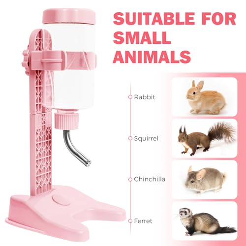 VANNON Pet Standing Water Dispenser Top Fill Dog Water Bottle Dispenser with Stand Leakproof Pet Slow Water Bottle for Small Animals, 13oz, BPA Free, Adjustable Height, Pink - color: Pink