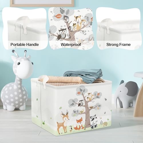 Clastyle 36L Large Woodland Animal Tree House Baby Basket Rectangle Deer Fox Squirrel Shelf Basket with Handle Collapsible Book Toy Clothes Towel Nursery Storage Basket | Waterproof Large Dirty Clothes Book Gift Toy Organizer Bin, Nursery Playroom Bedroom
