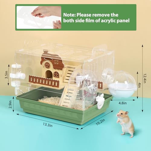 Acrylic Hamster Cage 2-Tier Dwarf Hamster Cage Small Hamster Habitats with Accessories Kit, Clear Hamster Enclosure for Gerbils Syrian Hamster, Green Pet Mice House, 13.3" L x 10.2" W x 12.4" H - color: Green, size: 13.3"L x 10.2"W x 12.4"H