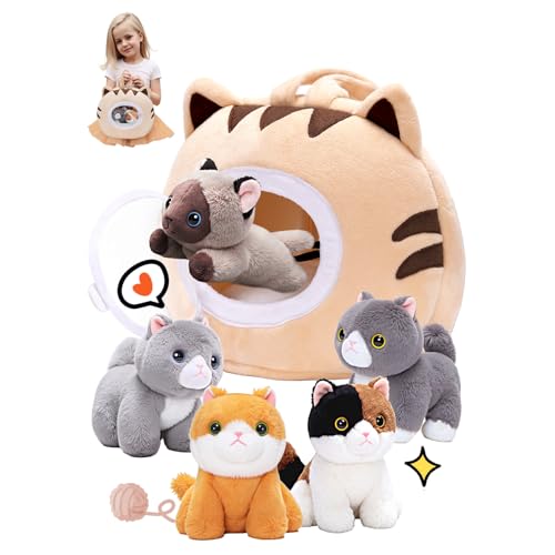 Cat Stuffed Animal House with 5 Soft Cat Toys for Kids, Portable Gift Set - color: Cat