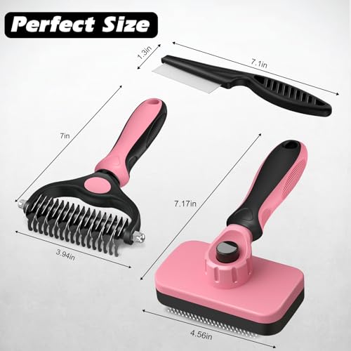 Professional 3PCS Self Cleaning Slicker Brush & Pet Grooming Rake & Flea Comb for Dogs,Cats and Horses | Double-Sided Dematting Comb & Skin Friendly Deshedding Grooming Tool (Light Pink) - color: Light Pink