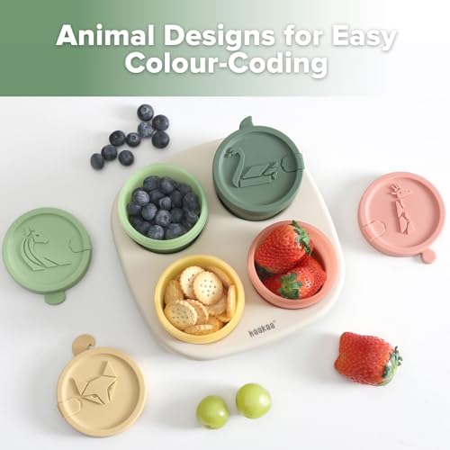 Haakaa Silicone Baby Food Containers, 4oz/120ml Baby Food Jars with Leakproof Animal Lids and Tray, Freezer-Safe Storage for Homemade Purees, Snacks & Meal Prep, 4 Pack, Oat Tray - color: Oat Tray