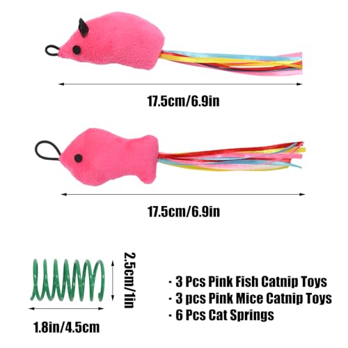 6 Pcs Cat Toys Catnip Interactive Fish and Mice Catnip Toys Plush Filled Pink Cats Toy Accessories with Ribbons for Indoor Cats Play&Chew Exercise with 6 Pcs Cat Springs - color: Fish&Mice