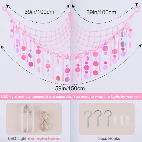 FIOBEE Stuffed Animals Hammock Net Toy Storage Organizer with LED Light, Stuffed Animals Storage Girls Room Décor Wall Hanging with Sequins for Kids Bedroom Nursery Playroom, Light Pink