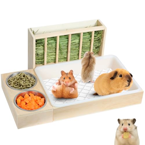 3-in-1 Wooden Rabbit Hay Feeder with Litter Box for Rabbits & Small Pets | Sturdy Wooden Hay Feeder Set for Guinea Pigs, Chinchillas, Hamsters, Ferret and Other Small Animal