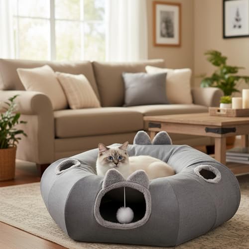 Linen Cat Tunnels with Central Cat Bed, Interactive Cat Toys Detachable Washable Soft Mat Large Indoor Play Tunnel Cave for Kittens and Small Animals - color: Linen Cool Gray