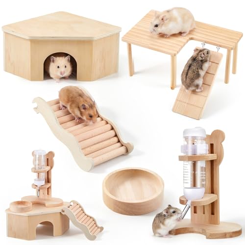 5 Pcs Hamster Cage Accessories, Wood Hamster Play Wooden Platform Water Bottle with Stand Climbing Set for Rat Mice Small Animals Pets Habitats Woodland Decor(Stair Landing) - style: Stair Landing