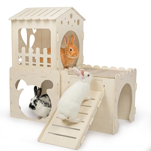 Extra Large Rabbit Castle, Wooden Bunny House & ,Detachable Rabbit Hideaway, Indoor Hamster Castle with Ramp, Small Animal Houses & Habitats for Guinea Pig Chinchilla Ferret(3 House with Sisal Mat) - size: 3 House with 2 Mat