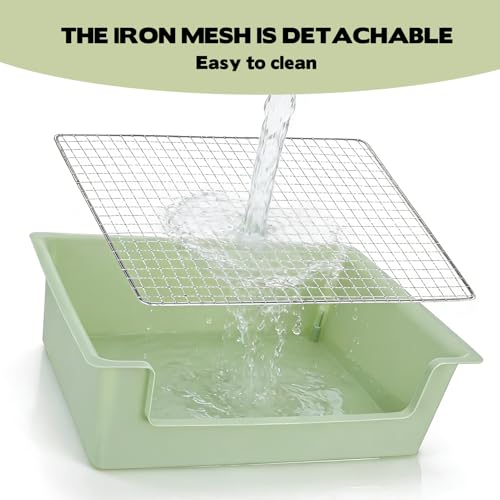 Guinea Pig Litter Box, Rabbit Litter Box, Low-Entry Plastic Bunny Litter Pan with Steel Grids and Broom, Small Animal Training Potty Animal Bedding Toilet for Hamster Chinchilla Guinea Pigs