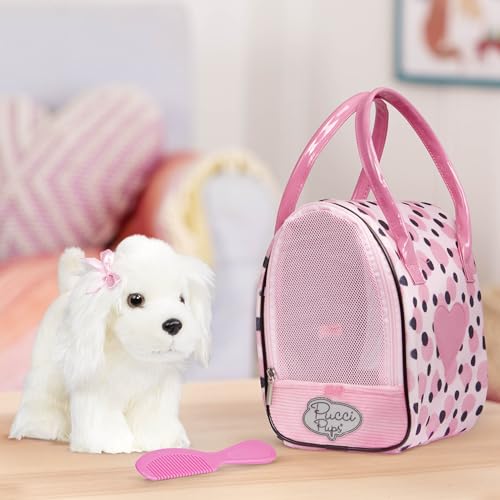 Pucci Pals Plush Puppy Dog Carrier Set, Maltese Pink Polka Dot, Pet | 3 piece set with 8 inch stuffed dog, comb, and pink polka dot pet carrier purse with mesh front for pretend play, 2+ Years - style: Maltese - Pink Polka Dot Bag