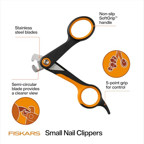 Fiskars Pet Small Nail Clippers, Cat and Dog Trimmers for Grooming, 4.25" | Suitable for Small Dogs & Cats, Semi-Circular Blade for Clear View While Cutting, SoftGrip Handle, Pet Supplies, Black - size: Small