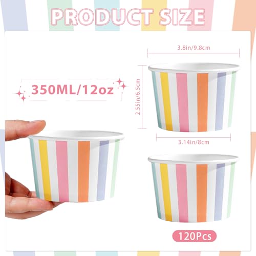 120 Pcs Striped Ice Cream Cups 12 oz Disposable Colorful Rainbow Stripe Paper Dessert Snack Bowl Pastel Food Yogurt Cup Container for Carnival Birthday Baby Shower Summer Party Supplies - style: Colorful Stripe Dessert Cup