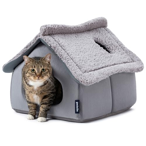 Cat Houses for Indoor Cats - Large Cat Cave Bed with Removable Support Foam and Washable 2-Side Mat - Covered Cat Bed for Cat Hideaway - Enclosed Cat Hideout for Kitten and Small Pet, Grey