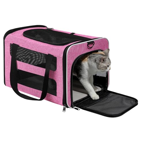 Cat Carrier Soft-Sided Travel Bag for Medium to Large Cat Over 15lbs | Small Puppy Dog Carry Crate 12 Pounds, Top Entry, Breathable Mesh, Pet Kitten Rabbit Cage Bag Transport Kennel Collapsible - color: Pink