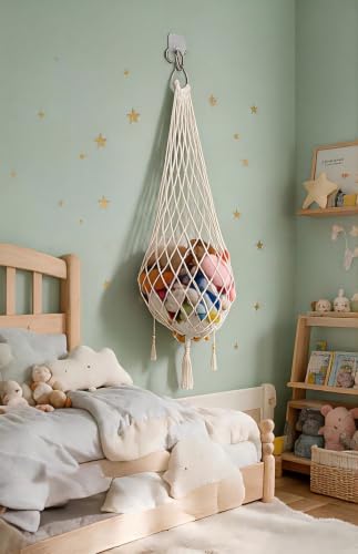 Stuffed Animal Hammock with Hooks, 5 FT Boho Macrame Hanging Toy Storage Net, Cotton Plush Toy Organizer for Wall or Door, Nursery, Kids Playroom, Includes Wall & Adhesive Hook & Star Stickers, Cream