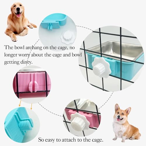 kathson Crate Dog Bowl, Removable Stainless Steel Hanging Pet Kennel Cage Bowl Food & Water Feeder Coop Cup for Puppy, Cat, Rabbit,Guinea Pigs 2pcs Large Square(Blue,Pink) - color: Large square (Blue, Green), size: 2 PCS