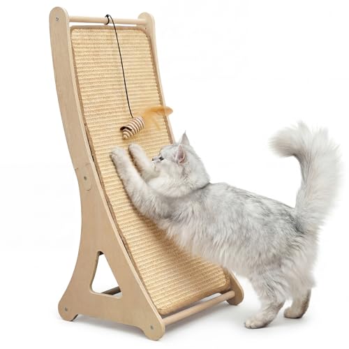Sisal Cat Scratcher, Cat Scratching Board with Mouse Toy | 24” Wooden Ramp, Vertical and Horizontal Use for Wall and Floor, Easy Assembly, Climb and Scratch Fun, Protects Furniture